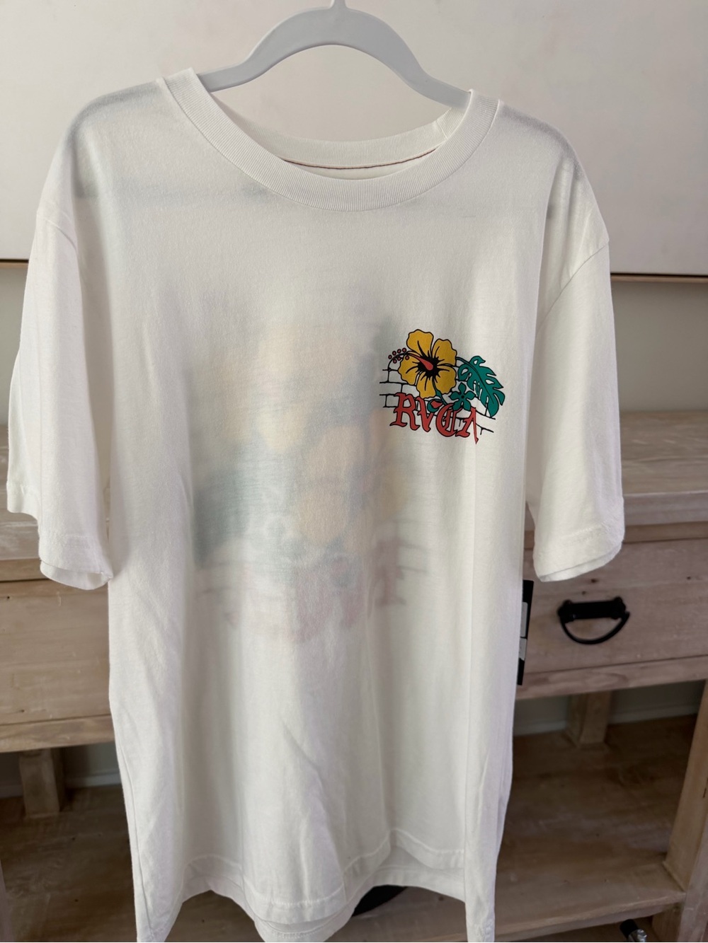 Boys RVCA White Short Sleeve Tee with Yellow Hibiscus and Green Leaf Graphic